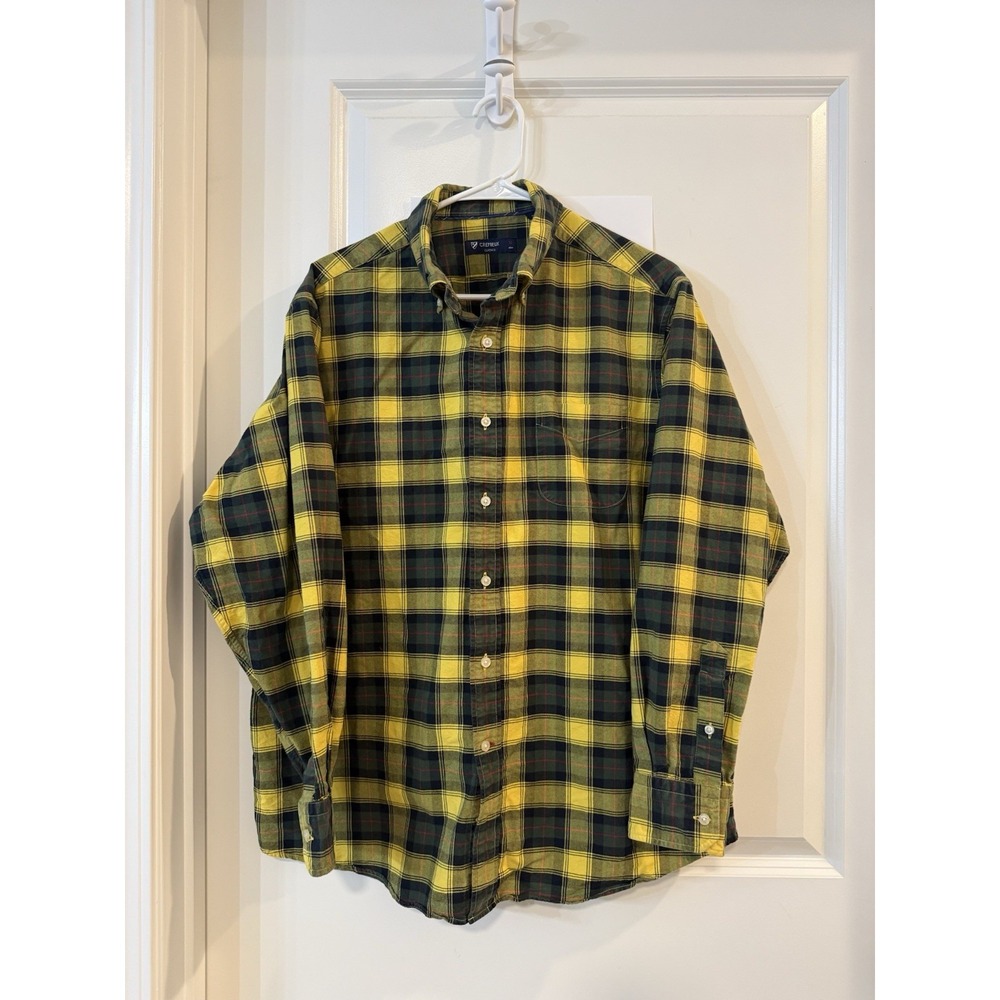 Cremieux Mens Long-Sleeve Shirt XL Yellow Green Blue Plaid 100% Cotton